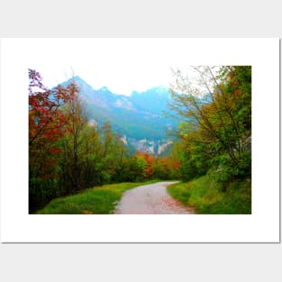 Scene at Eremo di Soffiano near Sarnano in the Sibillini Mountains with autumn trees, gravel path Posters and Art